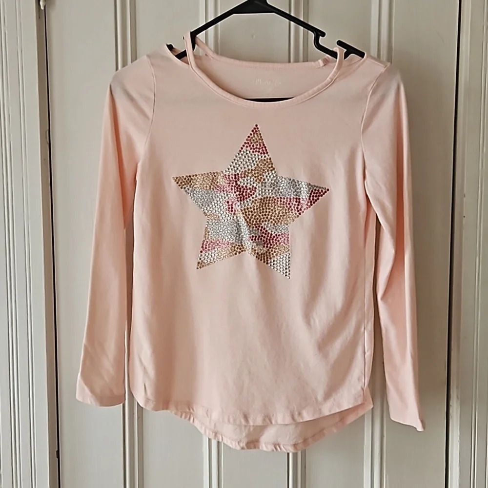 The Children's Place Girls 10/12 Light Pink Glitter Star Long Sleeve Tee